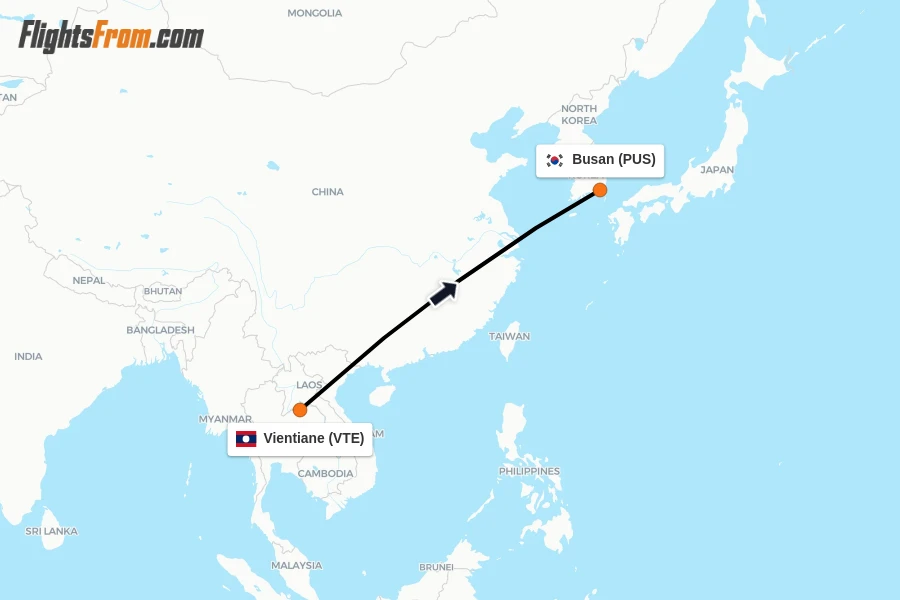 Flights from Vientiane to Busan route map
