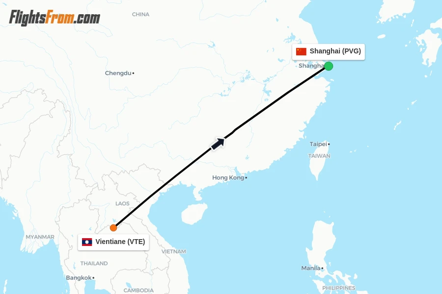 Flights from Vientiane to Shanghai route map