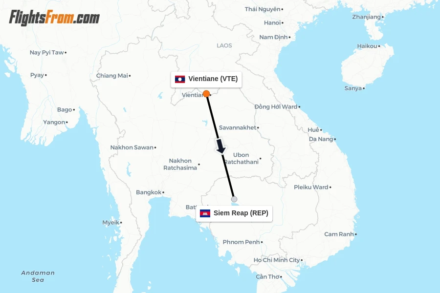 Flights from Vientiane to Siem Reap route map