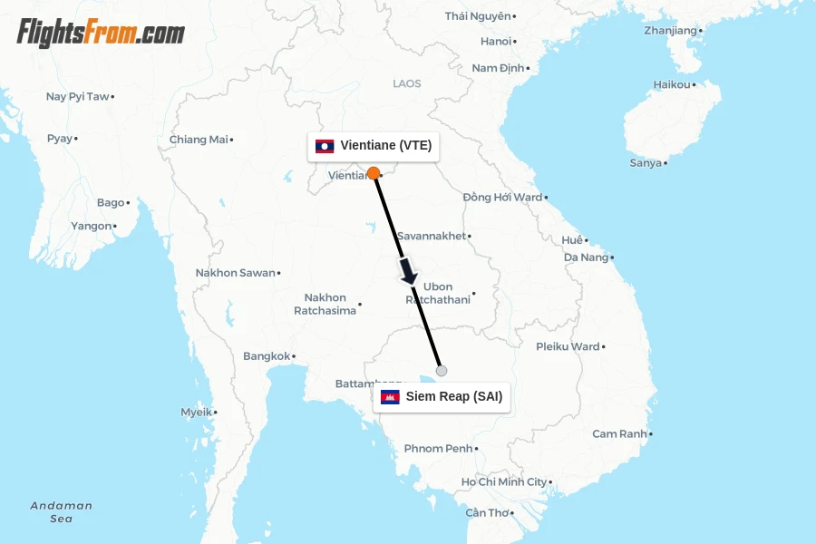Flights from Vientiane to Siem Reap route map