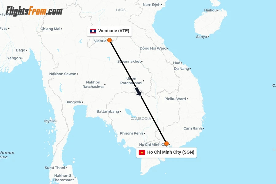 Flights from Vientiane to Ho Chi Minh City route map