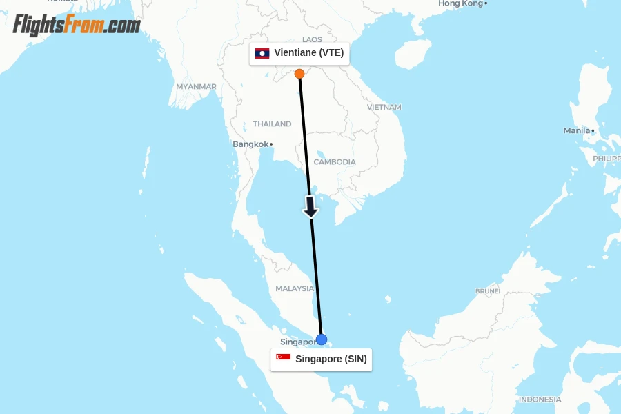 Flights from Vientiane to Singapore route map