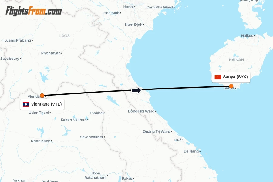 Flights from Vientiane to Sanya route map