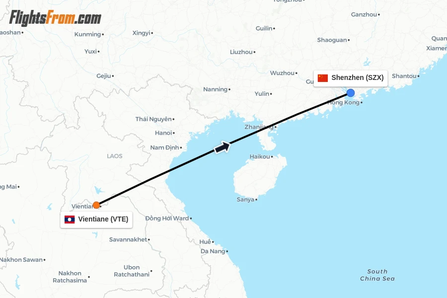 Flights from Vientiane to Shenzhen route map