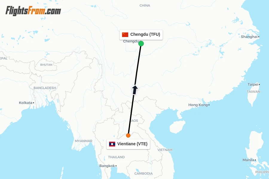 Flights from Vientiane to Chengdu route map