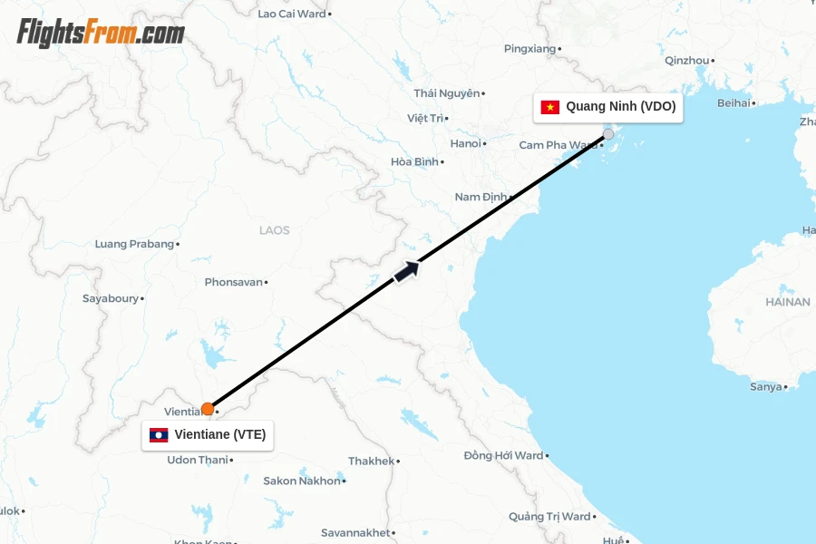 Flights from Vientiane to Quang Ninh route map