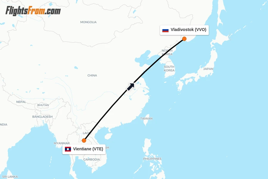 Flights from Vientiane to Vladivostok route map