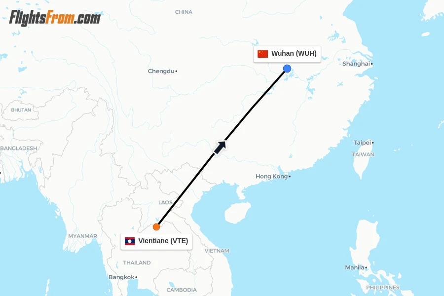 Flights from Vientiane to Wuhan route map
