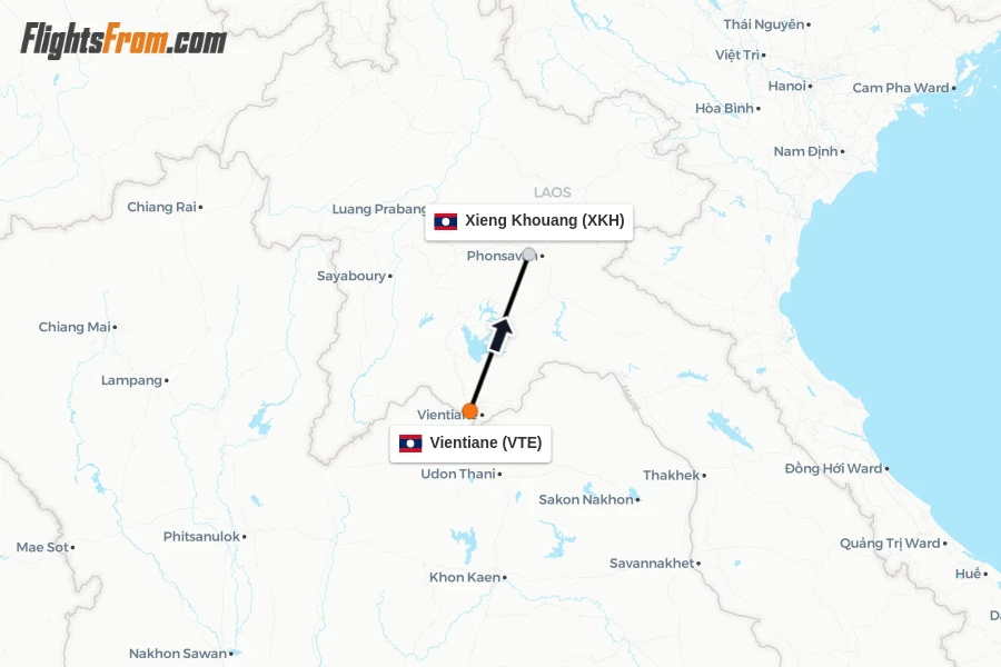 Flights from Vientiane to Xieng Khouang route map