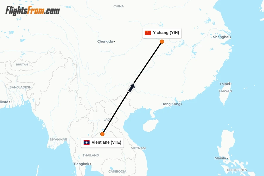 Flights from Vientiane to Yichang route map