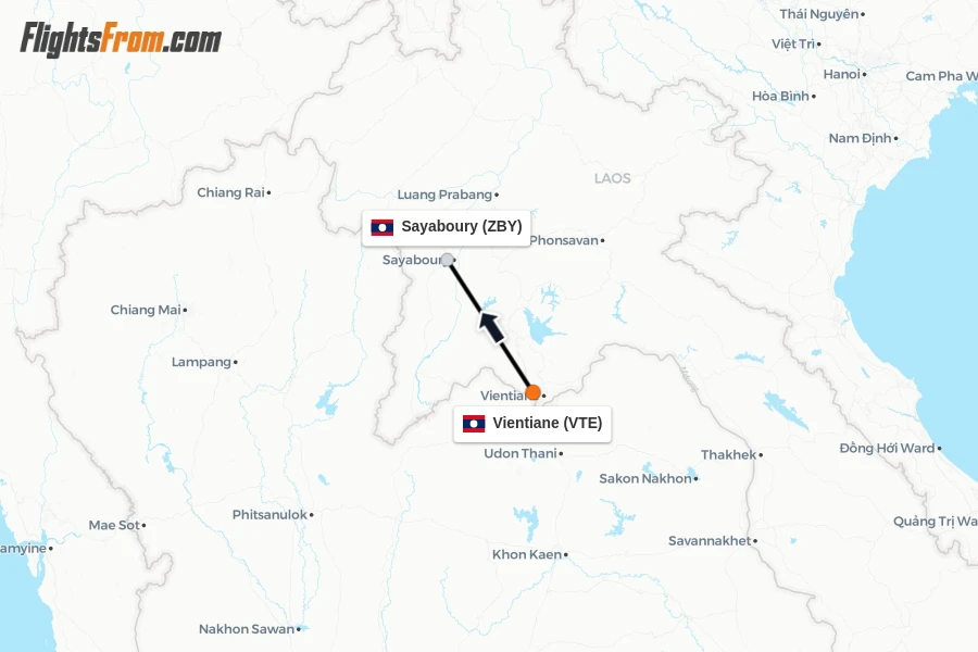 Flights from Vientiane to Sayaboury route map