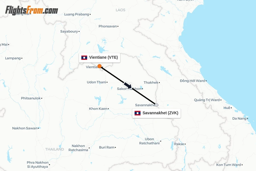 Flights from Vientiane to Savannakhet route map