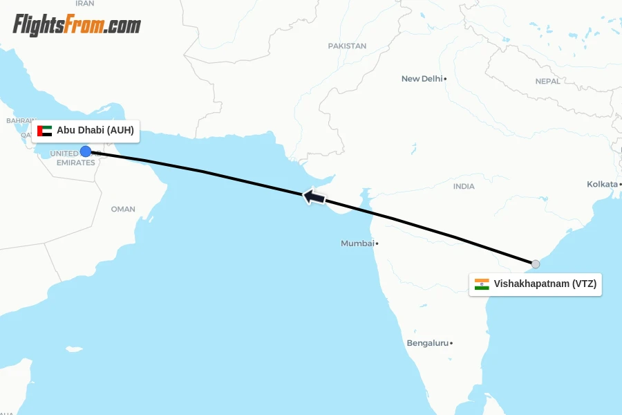 Flights from Vishakhapatnam to Abu Dhabi route map