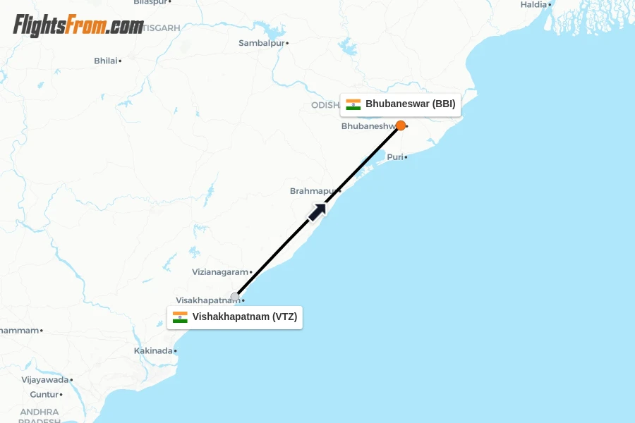 Flights from Vishakhapatnam to Bhubaneswar route map