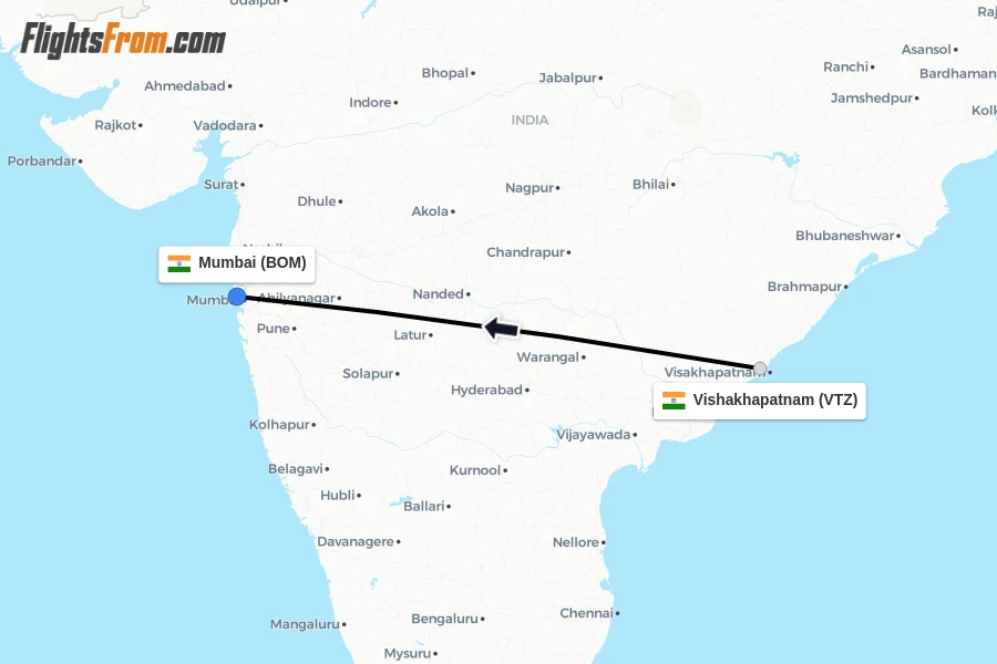 Flights from Vishakhapatnam to Mumbai route map