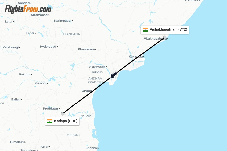 Flights from Vishakhapatnam to Kadapa route map