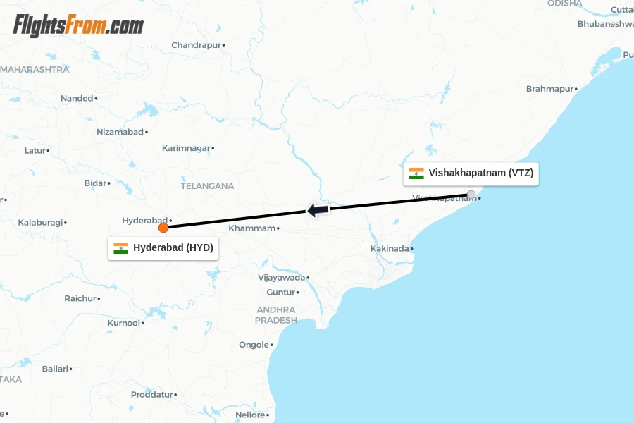 Flights from Vishakhapatnam to Hyderabad route map