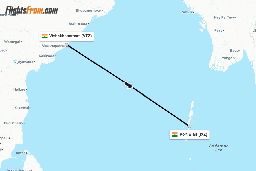 Flights from Vishakhapatnam to Port Blair route map