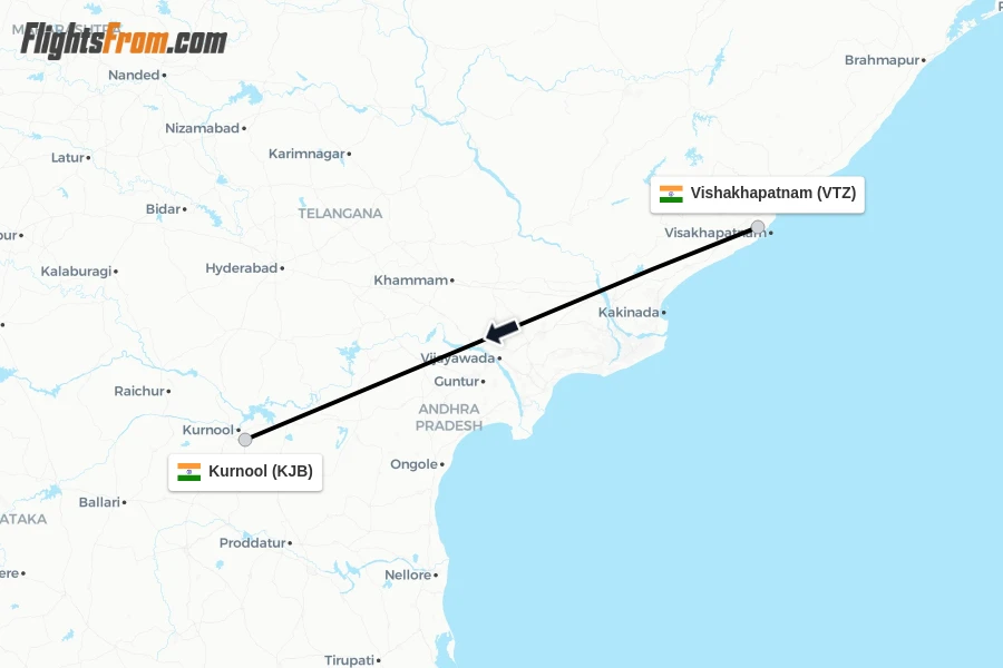 Flights from Vishakhapatnam to Kurnool route map