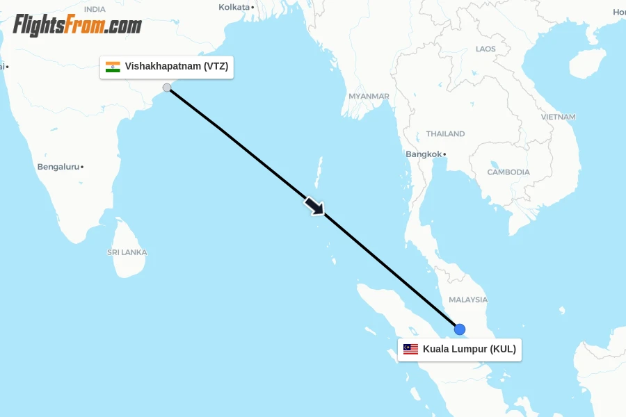 Flights from Vishakhapatnam to Kuala Lumpur route map
