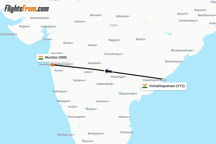 Flights from Vishakhapatnam to Mumbai route map