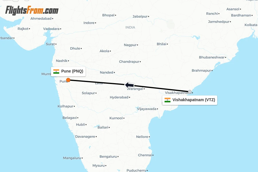 Flights from Vishakhapatnam to Pune route map