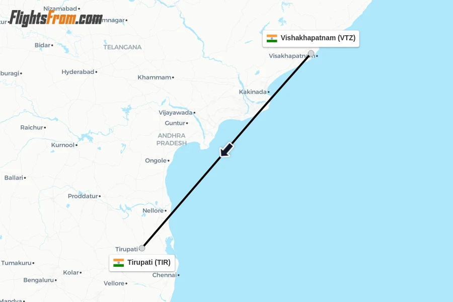 Flights from Vishakhapatnam to Tirupati route map