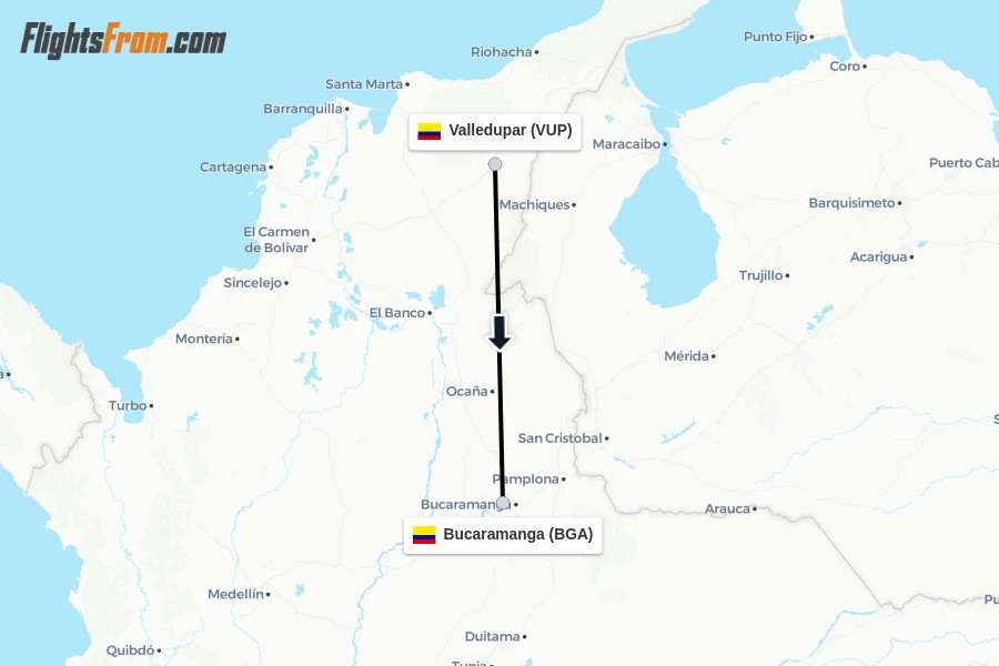 Flights from Valledupar to Bucaramanga route map