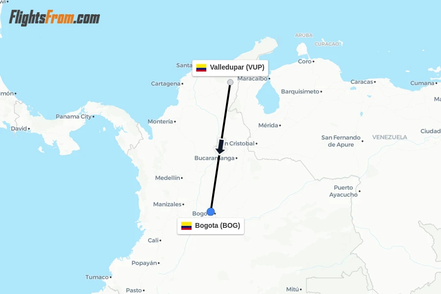 Flights from Valledupar to Bogota route map