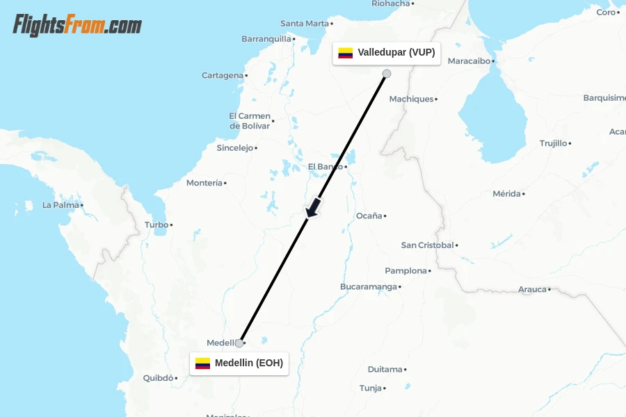Flights from Valledupar to Medellin route map