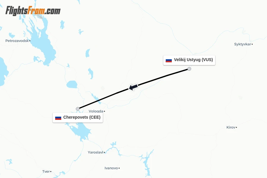 Flights from Velikij Ustyug to Cherepovets route map