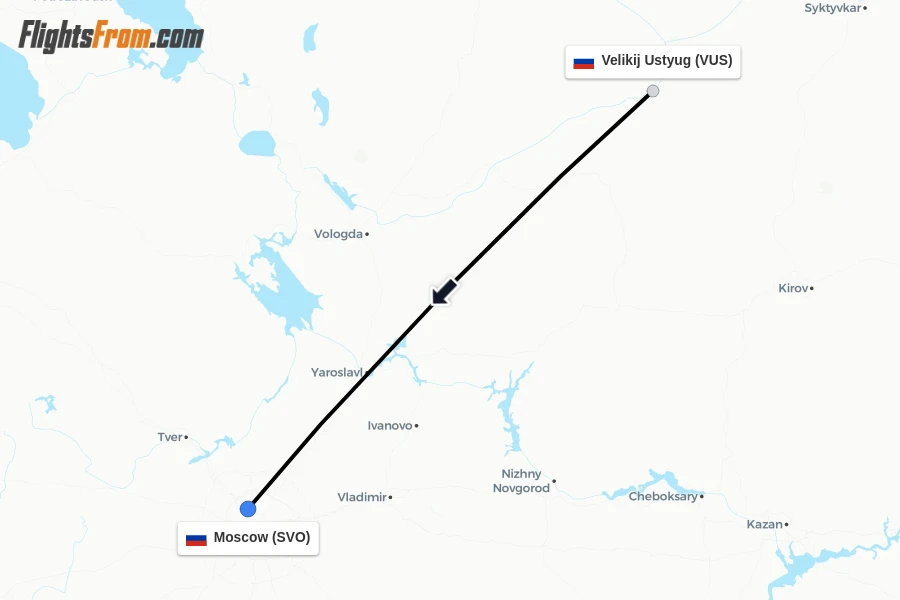 Flights from Velikij Ustyug to Moscow route map