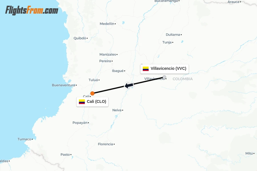 Flights from Villavicencio to Cali route map