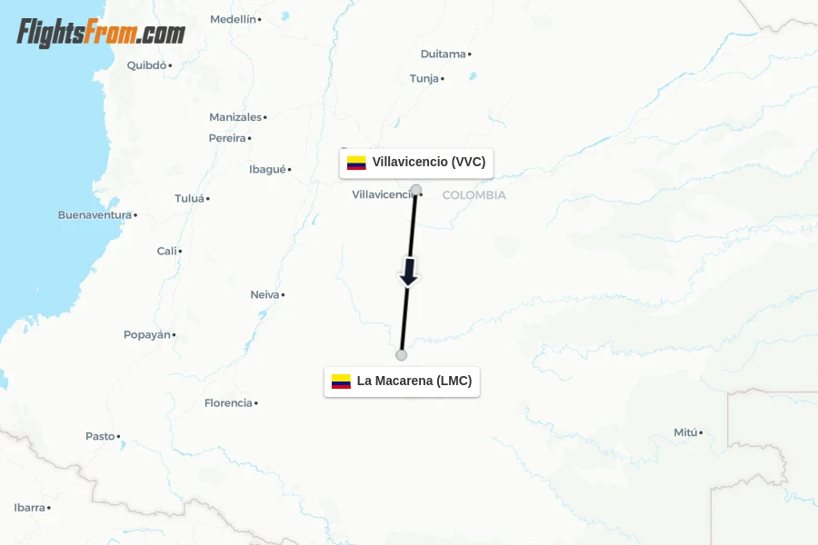 Flights from Villavicencio to La Macarena route map