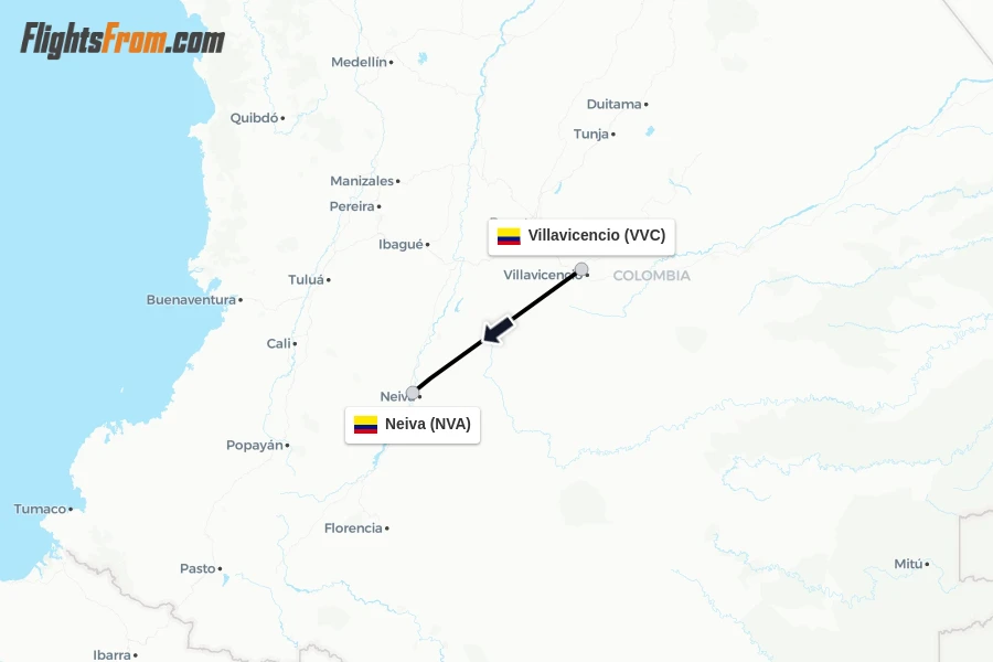 Flights from Villavicencio to Neiva route map
