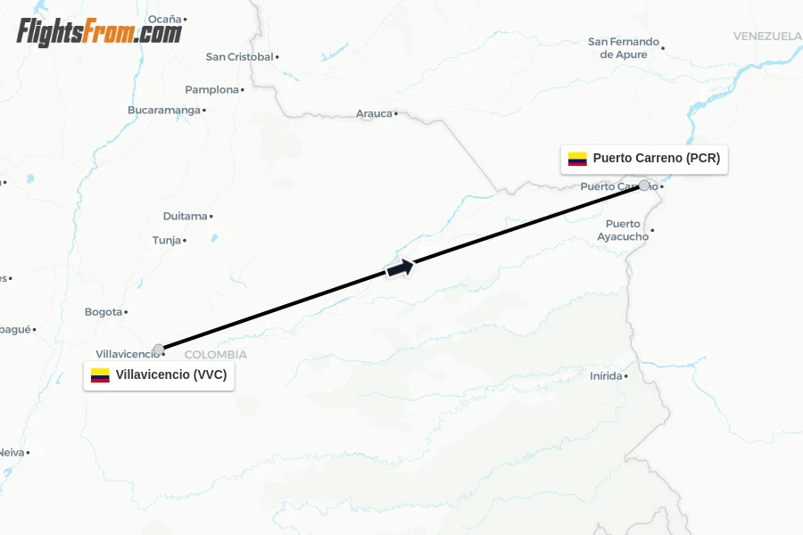 Flights from Villavicencio to Puerto Carreno route map