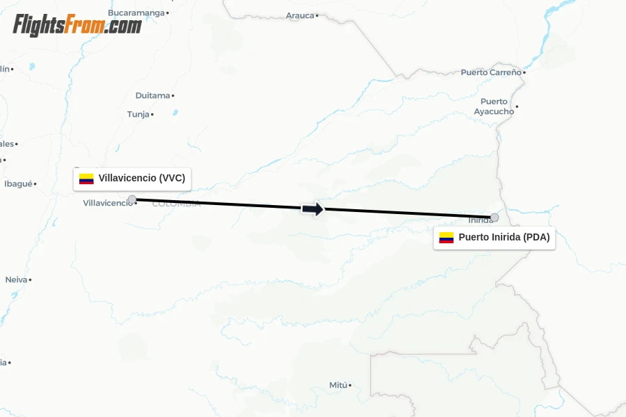 Flights from Villavicencio to Puerto Inirida route map