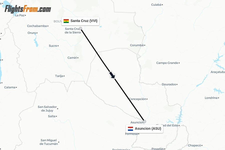 Flights from Santa Cruz to Asuncion route map