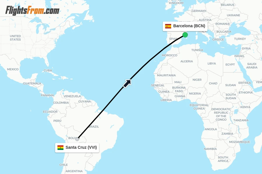 Flights from Santa Cruz to Barcelona route map