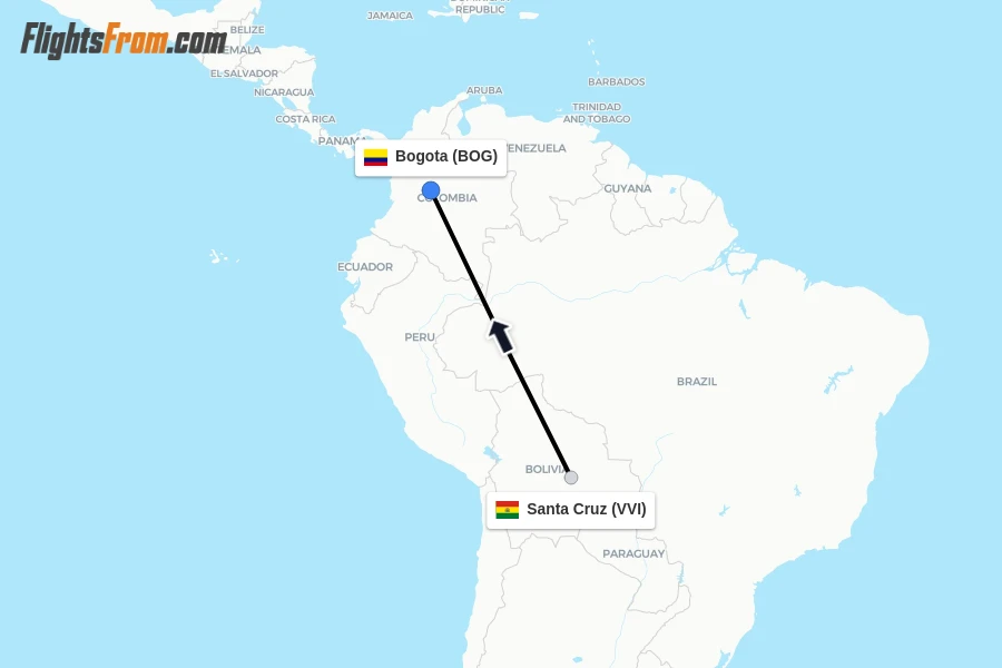 Flights from Santa Cruz to Bogota route map