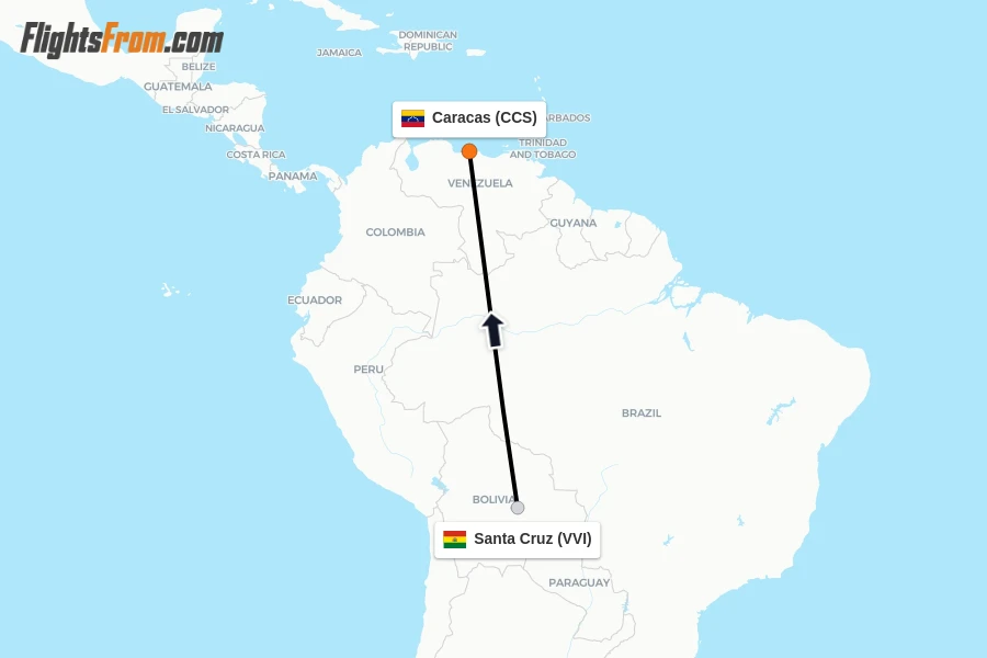 Flights from Santa Cruz to Caracas route map