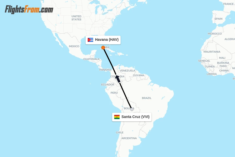 Flights from Santa Cruz to Havana route map