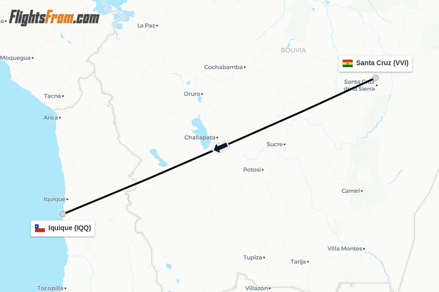 Flights from Santa Cruz to Iquique route map
