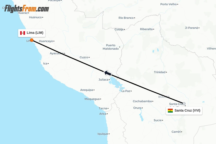 Flights from Santa Cruz to Lima route map