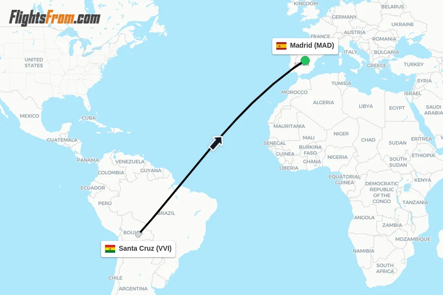Flights from Santa Cruz to Madrid route map