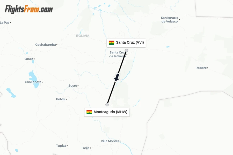 Flights from Santa Cruz to Monteagudo route map