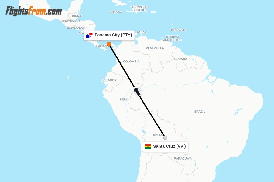 Flights from Santa Cruz to Panama City route map