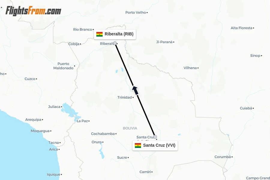 Flights from Santa Cruz to Riberalta route map