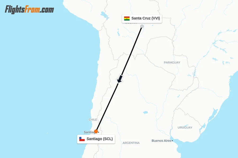 Flights from Santa Cruz to Santiago route map