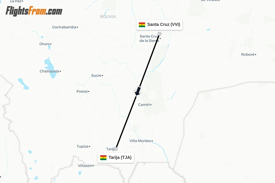 Flights from Santa Cruz to Tarija route map